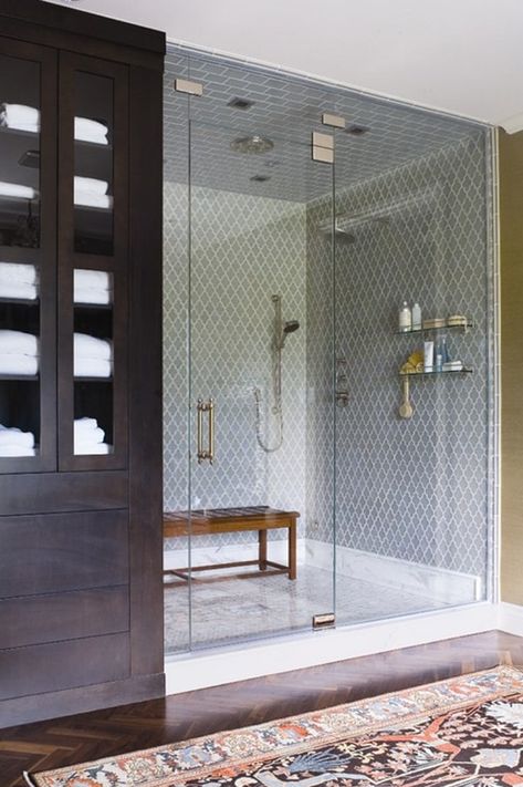 Bathroom Closet Combo Layout, European Cabinets, Bathroom Design Trends, Attic Bathroom, Pattern Tile, Steam Showers Bathroom, Moroccan Pattern, Steam Shower, Modern Shower