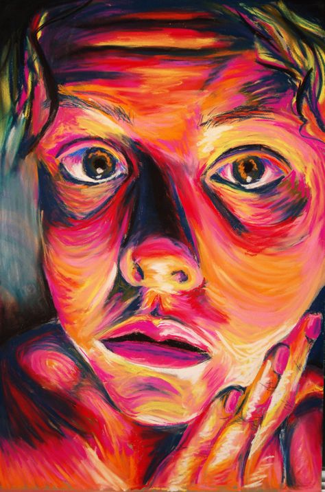 Ashley Cyborski; Soft Pastel self-portrait Coloured Face Drawing, Colourful Portraits Drawing, Expressive Color Art, Abstract Person Art, Color Theory Portrait, Oil Pastel Face Portraits, Colourful Portraits Painting, Expressive Self Portrait, Dramatic Portrait Lighting