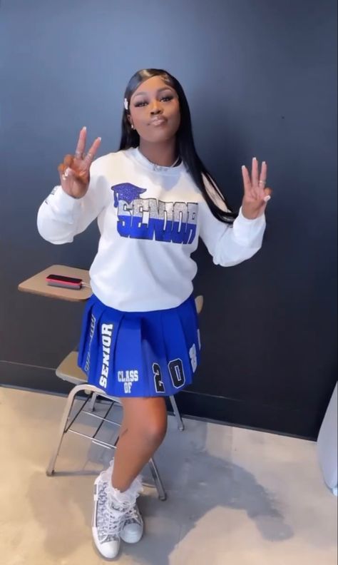 Senior Skirt And Sweatshirt, Cute Graduation Outfits High School, Custom Senior Outfits Skirt, Class Of 2023 Outfit Ideas, Class Of 2024 Senior Outfits, Senior Clothing Ideas, Last First Day Of School Senior Year Outfits, Class Of 2024 Outfit Ideas, 2025 Graduation Shirts