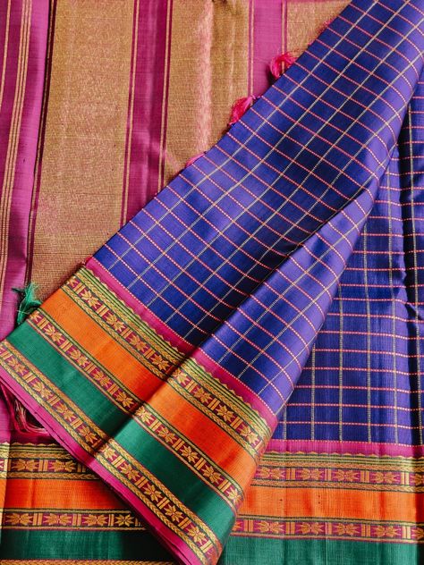 Check Saree, Multicolor Katan Silk Pre-draped Saree, Blue Cotton Silk Pre-draped Saree With Zari Weaving, Blue Handloom Banarasi Silk Pre-draped Saree, Blue Handloom Katan Silk Pre-draped Saree, Purple Handloom Katan Silk Pre-draped Saree, Pure Silk Saree, Blue Check, Pure Silk Sarees