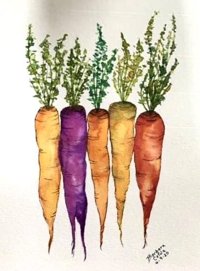 Fruits Drawing Watercolor, Watercolor Vegetables Simple, Veggie Drawings, Painted Vegetables, Vegetables Watercolor, Watercolour Vegetables, Watercolor Fruits And Vegetables, Carrot Painting, Beginning Watercolor