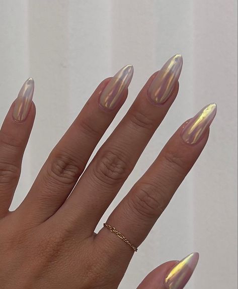 Gold White Chrome Nails, White Nails With Silver Designs Almond, Chrome Powder Acrylic Nails, Gold Hailey Bieber Nails, Pearly Gold Nails, Chrome Powder On Clear Nails, Sheer Gold Chrome Nails, Pearly White Chrome Nails, Metallic Oval Nails