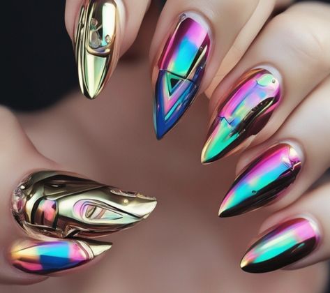 Step into the future with these mesmerizing metallic and neon nail art designs! Be the trendsetter in your circle with these eye-catching creations that blend futuristic elements and vibrant colors. Embrace the cosmic allure and turn heads wherever you go! 🌌💅 #NailArt #FuturisticNails #CosmicChic Futuristic Nails, Neon Nail Art Designs, Futuristic Elements, Neon Nail Art, Beauty Nails Design, Crazy Nails, Neon Nails, Into The Future, Gorgeous Nails