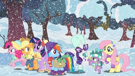 #2428785 - safe, artist:sirgarchomp45, applejack, fluttershy, pinkie pie, rainbow dash, rarity, spike, twilight sparkle, alicorn, dragon, earth pony, pegasus, pony, unicorn, bag, clothes, earmuffs, holiday, mane seven, mane six, saddle bag, scarf, snow, snowfall, tree, twilight sparkle (alicorn), winged spike, winter - Derpibooru Christmas Wallpaper Ipad, Fluttershy Pinkie Pie, Pony Wallpaper, Twilight Sparkle Alicorn, Mane 6, Pony Pictures, Mlp Art, Bag Scarf, Unicorn Bag