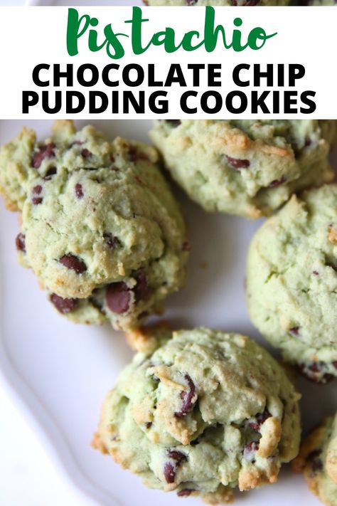 Pistachio Pudding Cookies, Cookies With Chocolate Chips, Chocolate Chip Pudding Cookies, Pistachio Recipes, Cookies With Chocolate, Pistachio Cookies, Pistachio Pudding, Pudding Cookies, Dried Cherries