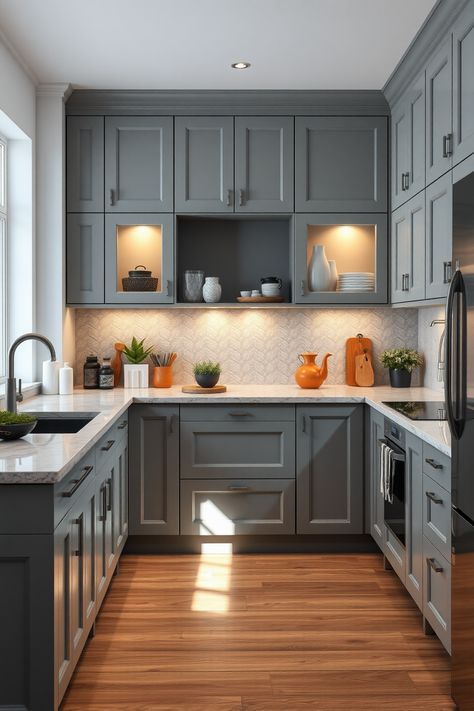 Grey Kitchen Apartment, Grey And Oak Kitchen, Dark Gray Countertops, Gray Cabinets Kitchen, Corner Stove, Gray Kitchens, White Kitchen Ideas, Light Gray Cabinets, Redecorating Ideas