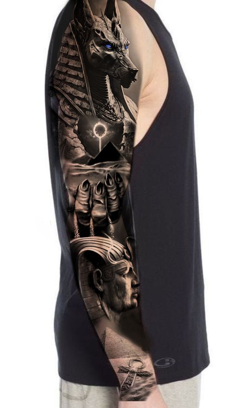 Badass Sleeve Tattoos, Egyptian Eye Tattoos, Tattoo Ideas Males, Egyptian Tattoo Sleeve, Anubis Tattoo, Full Leg Tattoos, Key Tattoos, Arm Temporary Tattoos, Egypt Tattoo