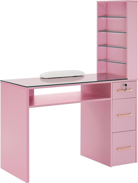 Amazon.com: BarberPub Manicure Table with Drawers, Storage Shelves Spa Beauty Salon Station Nail Desk 2673 (Pink) : Beauty & Personal Care Nail Tech Station, At Home Nail Salon Room, Nail Table Ideas, Nail Room Ideas Home, Pink Beauty Room, Home Nail Salon Ideas, Vanity Desks, Beauty Salon Stations, Beauty Shop Decor