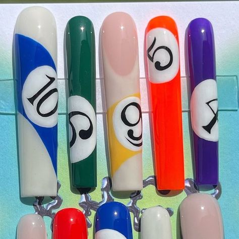 Kacie 🦂 on Instagram: "billiard ball mystery set ✨ all hand-painted @esvynails CODE HOTGURL10 - Perfectionist rubber base @tenshistudios.shop brushes!! (on sale rn) @gelbabyla Evil Eye @theadditudeshop 3XL Square tips #8ball #8ballnails #billiardballs #squarenails #xlnails #3xlnails #pressonnails #pressonnailsforsale #presspnnailaddict #thepressoncollective" Billiard Nails, Eye Ball Nails, Pool Ball Nails, Xl Square Nails, 8ball Nails, Dice Nails, Nail Square, Pool Nails, Nail Tek