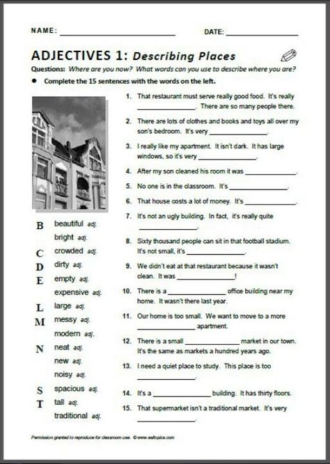 Describing Places Worksheets Gcse English Language, Adjective Worksheet, Esl Vocabulary, English Exercises, Language Worksheets, English Grammar Worksheets, English Fun, English Classroom, English Language Teaching