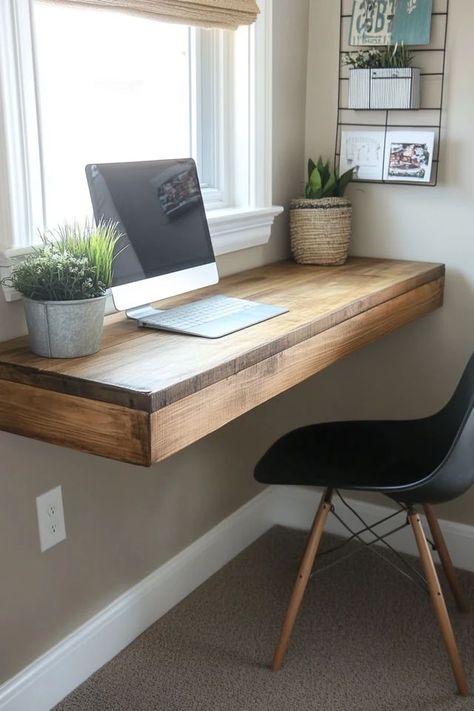 "Transform any room into a productive space with a DIY Floating Desk! 🛠️💻 A great solution for small spaces and modern decor. 🌟✨ #FloatingFurniture #DIYHome #WorkspaceIdeas" Floating Desk Under Window, Diy Hideaway Desk, Shelf Desk Diy, Tiny Office Desk, Simple Desk Ideas, Floating Shelf Desk, Corner Floating Desk, Floating Desk Diy, Floating Desk With Drawers