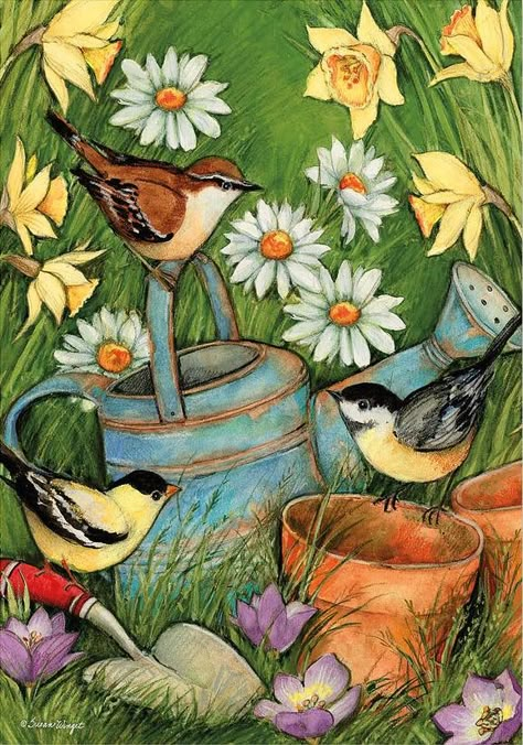 Whimsical Spring Art, Spring Drawings Ideas Art, Spring Acrylic Paintings, Flower Garden Illustration, Garden Art Painting, Spring Drawings, Susan Winget Art, Flower Garden Drawing, Garden Drawings