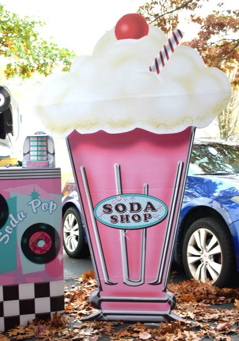 1950s Trunk Or Treat Ideas, 50s Parade Float Ideas, Trunk Or Treat 50s Theme, Soda Shoppe Party Ideas, Grease Trunk Or Treat Theme, Soda Shop Decor, Soda Photography, Grease Themed Parties, Grease Theme