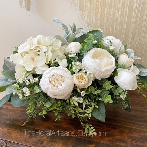 Shabby Chic Flower Arrangements, Tea Centerpieces, Farmhouse Arrangements, Headstones Decorations, Rose Centerpieces Wedding, Silk Flower Centerpieces, White Floral Centerpieces, White Flower Arrangements, Country Birthday