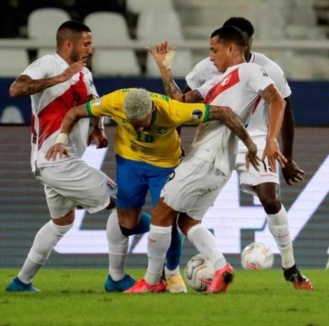 Brazil 4 Peru 9 0 in 2021 in Rio de Janeiro. Neymar Jr. tries to go through the middle of 2 defenders but he’s blocked in Group B at Copa America. 2021 Wallpaper, Neymar Jr, Neymar, Rio De Janeiro, The Middle, Peru, Brazil