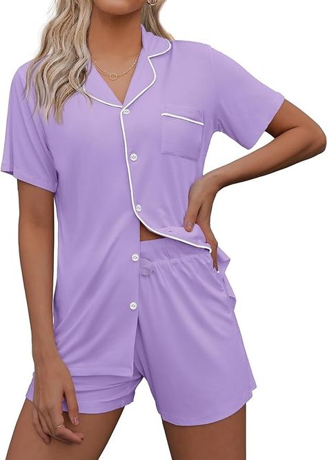 Ekouaer Pajamas Set for Women Short Sleeve Sleepwear Notch Collar Button Down Nightwear Soft Pjs Lounge Set,Lavender,Medium at Amazon Women’s Clothing store Holiday Loungewear, Soft Pjs, Button Up Pajamas, Red Pajamas, Classic Pajamas, Pj Shorts, Notch Collar, Loungewear Set, Pajamas Set