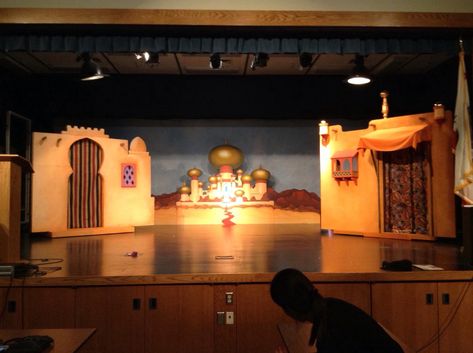 backdrop & 2 movable building fronts, Aladdin Beauty And The Beast Jr, Aladdin Play, Aladdin Theater, Beast Castle, Aladdin Musical, Arabian Theme, Scenic Painting, Aladdin Costume, Beast's Castle