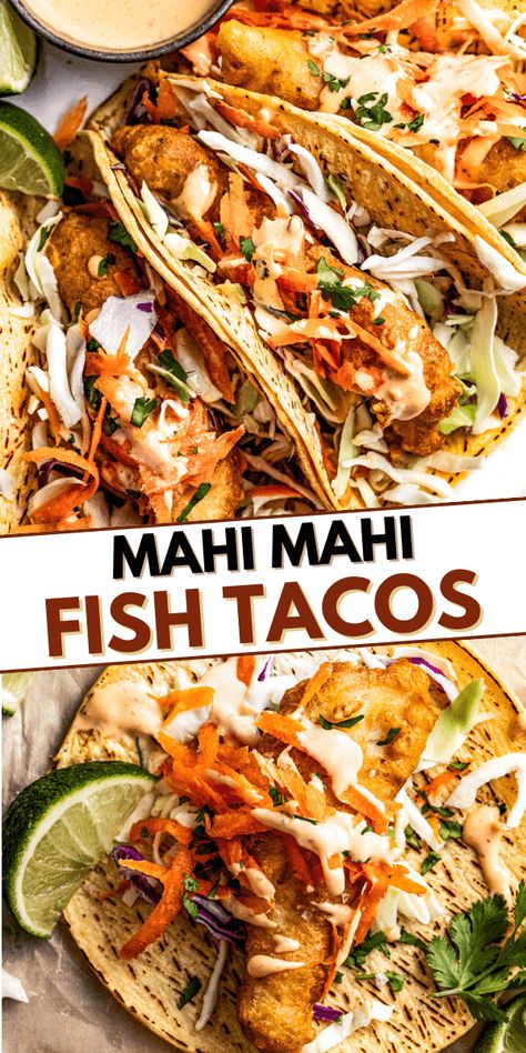 Wrapped in warm corn tortillas, these crunchy mahi mahi fish tacos with homemade batter are the coastal twist your summer meals were missing. Served with creamy, spicy, and veggie toppings, they're a seafood fiesta in every bite! Diethood Recipes, Mahi Mahi Fish Tacos, Mahi Tacos, Mahi Mahi Fish, Mahi Mahi Tacos, Tostada Recipes, Mahi Fish, Seafood Meals, Seafood Feast