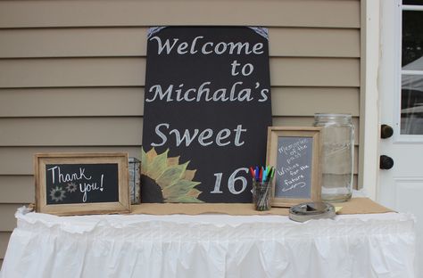 Rustic Sunflower gift/welcome table for Sweet 16 party. Sweet 16 Welcome Table, Sweet Sixteen Party Favors, Sweet Sixteen Party, Sweet 16 Themes, Sweet 16 Birthday Cake, Sweet 16 Party, Welcome Table, 16 Birthday Cake, Sweet 16 Gifts