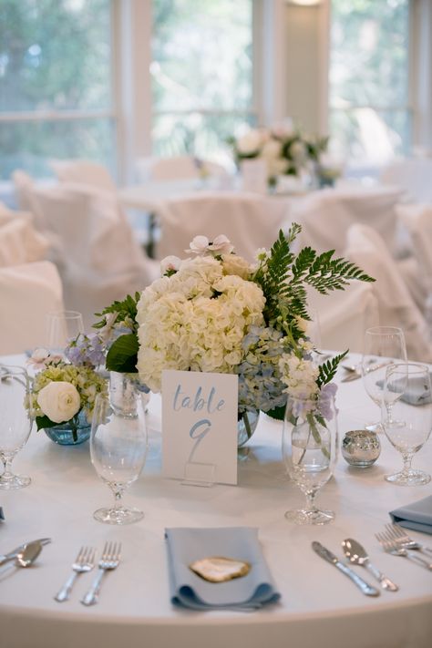 Blue And White Round Table Decor, Blue Wedding Centerpieces Round Table, Simple Centerpieces For Round Tables, Dusty Blue Wedding Centerpieces Round Table, Wedding Table No Charger Plates, Dusty Blue Wedding Round Table, Wedding Centerpieces Blue Hydrangea, Blue Hydrangea Wedding Table Decor, Table Scapes Wedding