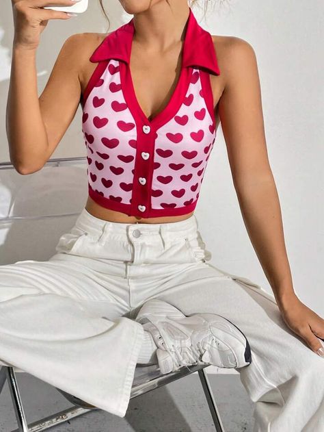 SHEIN Qutie Heart Print Button Front Crop Halter Top | SHEIN USA Womens Halter Tops, Top Halter, Halter Tops, Cropped Cami, Cami Crop Top, Halter Crop Top, Tank Top Cami, Heart Patterns, Heart Print