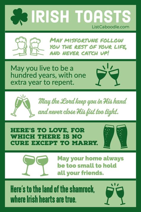 Enjoy these famous Irish toasts and cheers at weddings, birthdays, retirement parties, St Patty's Day, or any celebration. #IrishToasts #StPatricksDay #DrinkingToasts #WeddingToasts Irish Drinking Quotes, Irish Wedding Toast, Drinking Toasts, Irish Blessing Quotes, Ireland Facts, Funny Toasts, Irish Toasts, Irish Cheers, Irish Words