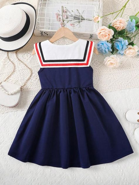 Navy Blue Cute Collar Sleeveless Fabric Striped A Line Embellished Non-Stretch Young Girls Clothing Sailor Collar Dress, Frocks For Kids, Shein Kids, Corporate Dress, Baby Dress Patterns, Blue Cute, Sailor Collar, Princesa Diana, Girls Stripes