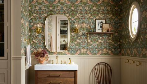 Guest Bath | Rejuvenation Traditional Bathroom Mirrors, Small Bathroom Wallpaper, Scalloped Mirror, William Morris Wallpaper, Glass Floats, Strawberry Thief, Widespread Bathroom Faucet, Wooden Mirror, Homewares Shop