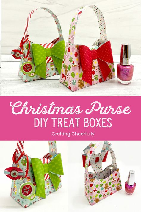 Gift Bag Crafts Projects, Christmas Sweet Bags Ideas, Diy Christmas Treat Boxes, Treat Boxes Ideas Packaging, Diy Christmas Gift Bags, Small Gift Bags Diy, Diy Treat Bags, Cricut Boxes, Diy Paper Purses