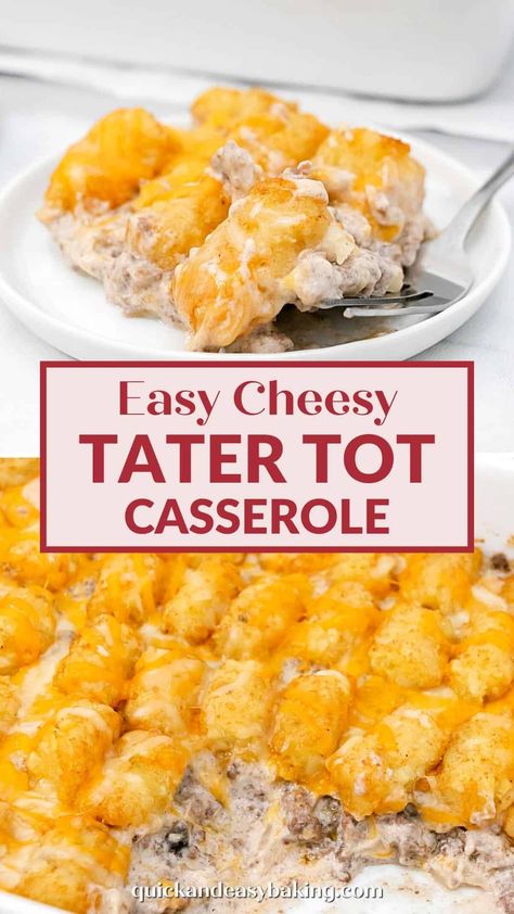 A super easy tater tot casserole that's extra cheesy with seasoned ground beef, onions, garlic, sour cream, mushroom soup and frozen tater tots. It's the perfect easy family dinner. Easy Dinner Ground Beef, Cheesy Tater Tot Casserole, Cheap Ingredients, Easy Tater Tot Casserole, Casserole With Ground Beef, Cheesy Tater Tots, Beef Ground, Cooking Cream, Tot Casserole