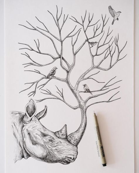 ink animal drawing Rhino Art Illustration, Rhino Drawing, Alfred Basha, Rhino Art, Drawing Tree, Fantasy Nature, Abstract Pencil Drawings, Magical Art, Nature Drawing