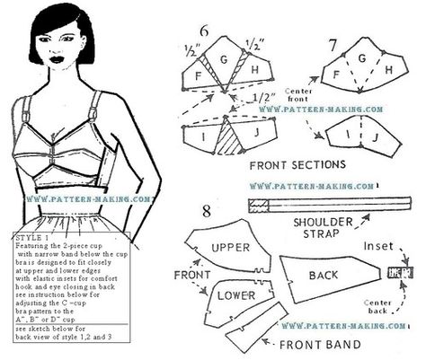 oldestyles: Good two-section and four-section Bullet Bra... Bra Pattern Drafting, Pola Bra, Sewing Bras, Moda Academia, Bra Sewing Pattern, Lingerie Patterns, Patron Vintage, Bra Sewing, Bullet Bra