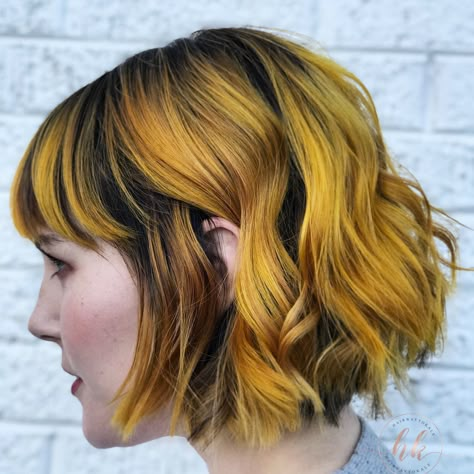 Marigold yellow hair  #hairwaytokale Marigold Hair, Mustard Yellow Hair, Yellow Highlights Hair, Black And Gold Hair, Yellow Hair Color Ideas, Yellow Highlights In Brown Hair, Short Yellow Hair, Brown And Yellow Hair, Yellow Money Piece Hair