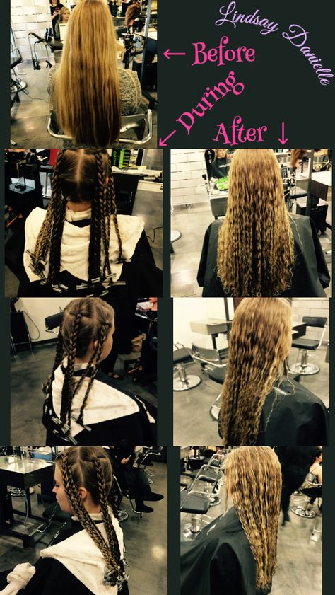 Permed braids for a beach wave look Braid Perms Before And After, Braid Perm Long Hair, Braid Perm Before And After, Braided Perm Before And After, French Braid Perm, Braid Perms, Braided Perm, Braid Perm, Wave Braids