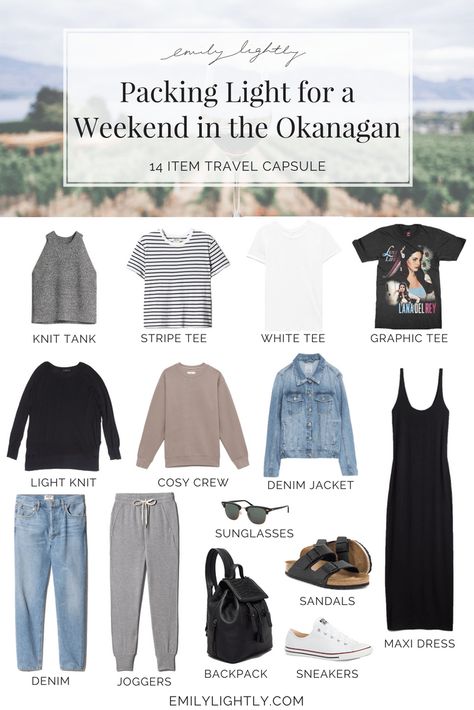 Travel Capsule - Packing Light for a Weekend in the Okanagan // Emily Lightly - capsule wardrobe, minimalist style, travel packing tips, minimal women’s fashion Capsule Packing, Packing Wardrobe, Minimalist Moda, Travel Capsule Wardrobe, Travel Capsule, Minimalist Travel, Minimalist Capsule Wardrobe, Capsule Outfits, Light Knit