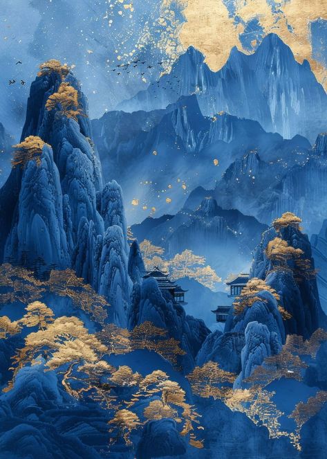 Beautiful 'Landscape Blue Gold' Poster Print by Morgan Yon ✓ Printed on Metal ✓ Easy Magnet Mounting ✓ Worldwide Shipping. Buy online at DISPLATE. Blue And Gold Wallpaper, Blue Background Wallpapers, Surreal Landscape, Landscape Blue, Personaje Fantasy, Blue Landscape, Chinese Art Painting, Abstract Wallpaper Backgrounds, Gold Poster