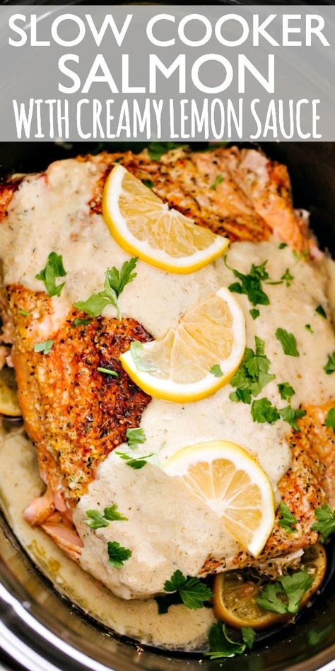 Crockpot Fish Recipes, Crockpot Salmon, Slow Cooker Salmon, Creamy Lemon Sauce, Recipe Salmon, Easy Salmon Recipes, Lemon Sauce, Salmon Recipe, Healthy Crockpot