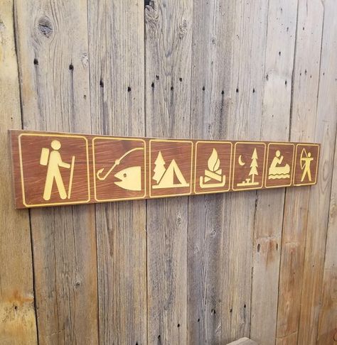 Camping Signs Diy, Old West Decor, Camping Icons, Ski Decor, Cabin Signs, Ranch Decor, Rustic Wood Sign, Camping Signs, Camping Decor