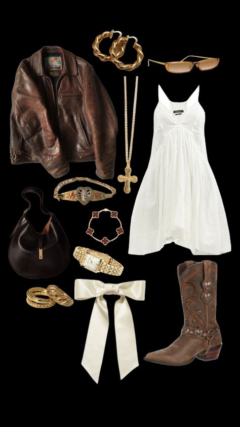 #outfitinspo #vibes #cowboyboots #leatherjacket #gold #brown Mcbling Fashion, Fest Outfits, Nashville Outfits, Western Style Outfits, Rodeo Outfits, Cowgirl Outfits, Fashion Fits, Outfit Inspo Fall, Country Outfits