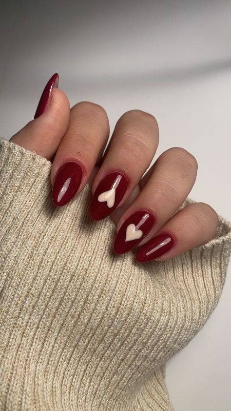 Red V Day Nails, Dark Red Nails With Heart, Red Heart Nails Acrylic, Nail Inspo Hearts, Red Nails With Heart, Heart Nails Acrylic, Red Heart Nails, Basic Nail, New Template