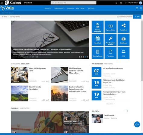 3 Great Examples of SharePoint Intranet Homepages to Inspire You - Klarinet Solutions®, LLC Sharepoint Design Ideas, Sharepoint Design, Sharepoint Intranet, Webpage Template, Project Organization, Corporate Style, Internal Communications, Homepage Design, Workplace Design