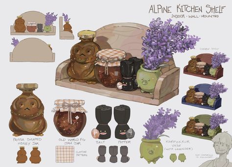 “I HEARD WE CAN POST THESE NOW 😳 Beyond floored I was picked alonside so many good entries oh my god 😭 But that means I can post two others I made!!! I am just an enjoyer of gramma knick nacks...” Alpine Kitchen, Knick Nacks, Au Ra, Props Concept, Bg Design, Cute Food Drawings, Kitchen Shelf, Game Concept Art, Poses References