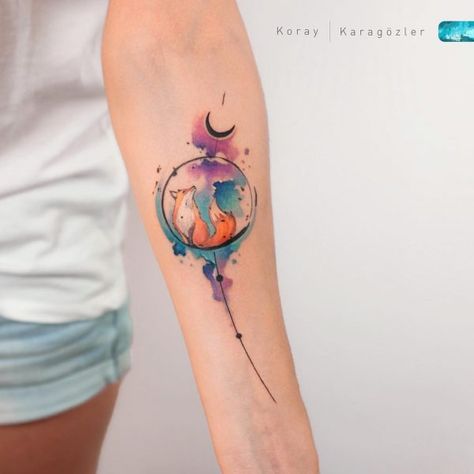 50+ Glamorous Watercolor Tattoo Designs Basil Tattoo, Abstract Fox, Watercolor Fox Tattoos, Skin Color Tattoos, Swan Tattoo, Colour Tattoo For Women, Fox Tattoo Design, Fox Watercolor, Galaxy Tattoo