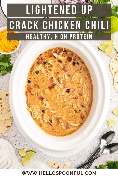 Healthy Crack Chicken Chili is made in the slow cooker so you can set it and forget it! Great for those busy weeknights and a meal for the whole family. Lightened up with cottage cheese, high in protein, creamy, and delicious! Easy Dump And Go Crockpot, Dump And Go Crockpot, Protein Soup Recipes, Chili Slow Cooker, Chicken Cottage, Chicken Chili Crockpot, Slow Cooker Chili Recipe, Slow Cooker Chicken Chili, Easy Crockpot Chicken