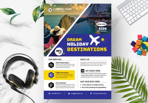 A highly versatile summer vacation getaway flyer template suitable for all travel related business. Create stunning leaflet on the fly and streamline your workflow with this easy to edit template. Use it to create traditional print advertising such as magazine advert, newspaper ads placement, promotional posters and all other ways you can think of. I would recommend this multipurpose travel flyer for travel agency, vacation planner, hotel booking website, tour operator, summer holiday getaway, adventure, holiday packages and all tourism related businesses.
▶  F E A T U R E S
===============
✔ Instant Download – your files are available immediately after purchase
✔ Professional, clean design Hotel Booking Website, Magazine Advert, Newspaper Ads, Booking Website, Flyer Design Layout, Edit Template, Vacation Planner, Air Tickets, Hotel Reservations