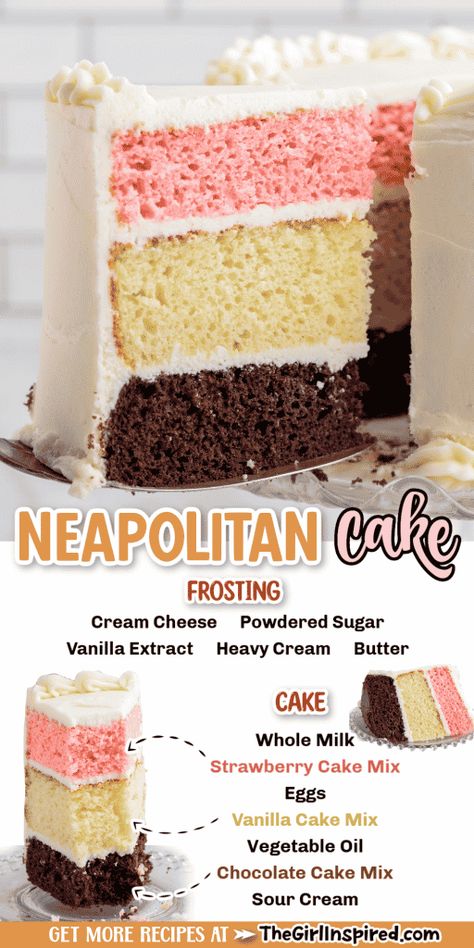 Strawberry And Chocolate Cake, Flavor Cakes, Neopolitan Cake, Homemade Cream Cheese Frosting, Neapolitan Cake, Strawberry And Chocolate, Homemade Cream Cheese, Birthday Cake Decorating Ideas, Strawberry Cake Mix