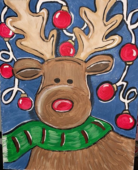 Holiday Painting Ideas, Easy Christmas Canvas, Painting Kindergarten, Easy Paintings On Canvas, Reindeer Painting, Easy To Paint, Holiday Painting, Christmas Canvas, Easy Christmas