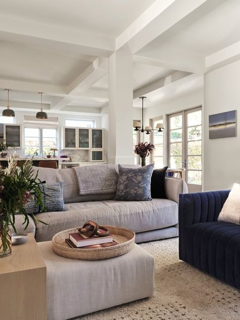 Palisades House for a Growing Family | Pacific Palisades, CA Gray Couch With Blue Accents, Gray Couch With Blue Pillows, Grey Couch With Blue Accents, Couch With Blue Pillows, Bookshelves Around Fireplace, Beige Couch Living Room, Grey Sectional Couch, Blue Curtains Living Room, Blue Velvet Chair