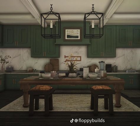 Bloxburg Kitchen Ideas Traditional, Bloxburg Rustic Kitchen Ideas, Bloxburg Kitchen Ideas Victorian, Bloxburg Dark Kitchen, Bloxburg Kitchen Green, Forest House Aesthetic Interior, Green Bloxburg Kitchen, Vintage Bloxburg Interior, Vintage Bloxburg Kitchen