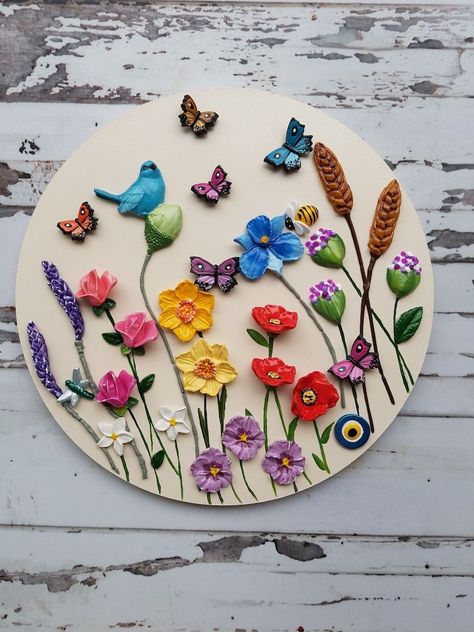 Clay Crafts Wall Hanging, Floral Clay Art, Wall Hanging Clay Art, Clay Work Ideas, Clay Art On Canvas, Clay Wall Hangings, Polymer Clay Wall Art, Sculpture Colorful, Glass Painting Patterns